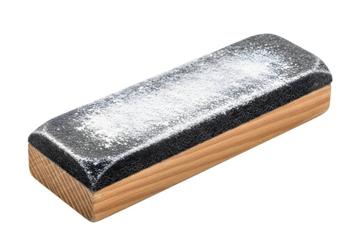 Chalk duster on a wooden frame with black felt surface, isolated on a white background for educational or office use