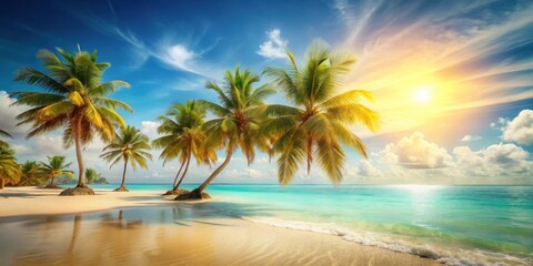 Serene Tropical Beach Scene at Sunrise with Palm Trees and Azure Ocean