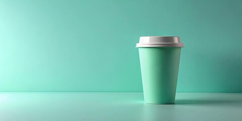 A single pastel green disposable cup with a white lid sits on a pale aqua surface against a matching backdrop