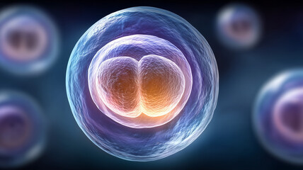 Microscopic view of a dividing embryo cell representing the start of life scientific discovery and the precision of biological replication.

