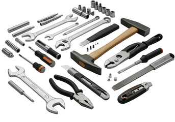 Meticulously arranged collection of gleaming chrome hand tools on a transparent workbench, including wrenches, screwdrivers, hammer, and pliers, symbolizing precision and problem-solving readiness
