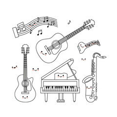 Fototapeta premium Adorable Cartoon Musical Instruments - Guitar, Piano, Saxophone.