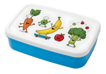 Funny cartoon food characters on a lunch box, a carrot on a skateboard, broccoli juggling apples, and a banana, promoting healthy eating