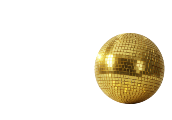 A pristine, perfectly spherical golden disco ball with mirror facets, scattering radiant warm light on a bright white studio background, high-key lighting. Concept of innovation, success, and