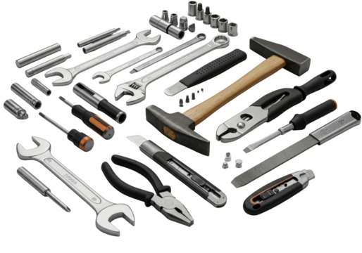 Meticulously arranged collection of gleaming chrome hand tools on a transparent workbench, including wrenches, screwdrivers, hammer, and pliers, symbolizing precision and problem-solving readiness - Powered by Adobe