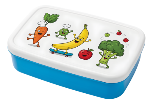 Funny cartoon food characters on a lunch box, a carrot on a skateboard, broccoli juggling apples, and a banana, promoting healthy eating