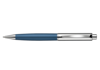 A premium ballpoint pen with a sleek metallic finish and a sophisticated blue barrel