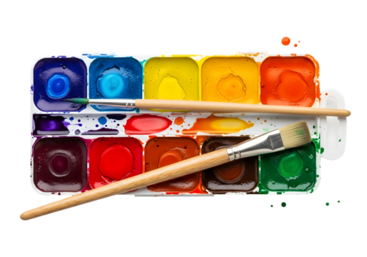 Watercolor paints and brushes for artists, a vibrant set of colorful paints and art supplies