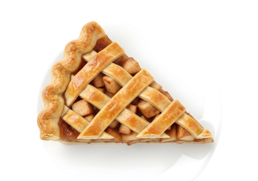 A delectable slice of warm  pie, showcased on a pristine white plate, with golden-brown lattice topping and filling visible.