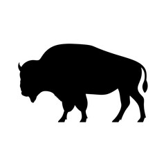 A solitary Bison silhouette stands against a stark white background landscape scene