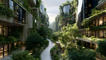 Modern eco-friendly buildings with vertical gardens nd reflective glass. Tree-ined walkways and green spces embody urban sustainablity and reduced carbon emssions.