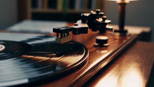 Close-up, angled shot of a vintage turntable playing a vinyl record, capturing the nostalgic vibe perfect for a retro-themed video.