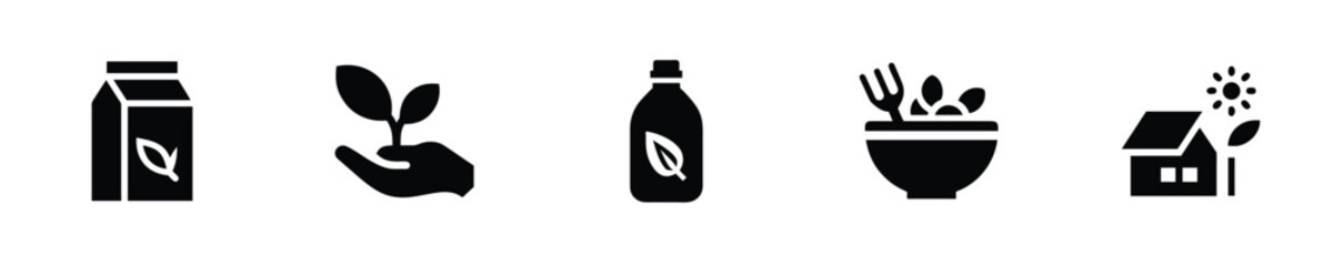 Icons milk carton plant in hand bottle salad house with sun vegan lifestyle