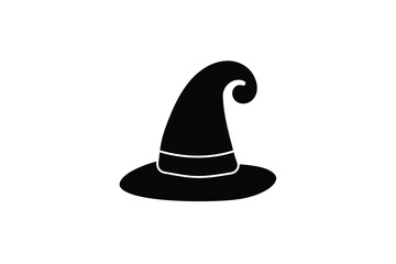 A black cartoon witch hat with a curled tip and white trim is shown silhouette