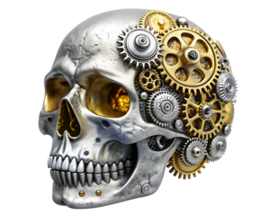 Silver and gold skull with gears on it isolated on white background ,PNG.AI Generated.