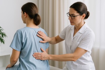 Obraz premium Healthcare Consultation: A patient undergoes a spine examination, with a physician's attentive care focusing on diagnosis.
