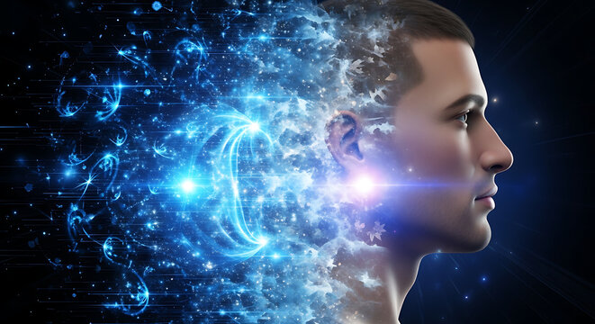 Man's profile with digital particles and blue light effects around him