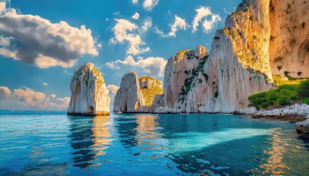 Picturesque rock formations in turquoise waters under a blue sky - Powered by Adobe