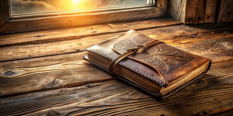 An antique leather-bound journal rests on a rustic wooden surface near a sunlit window.