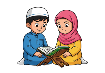 Two children, dressed in traditional attire, are attentively reading religious texts.