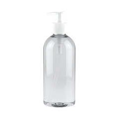 Transparent hand sanitizer pump bottle on product photography clean environment