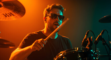 Energetic Drummer Live Performance Stage Music Concert Band Rock Show Musician Musical Instrument Drumsticks Rhythm Beat Energy Passion Performance Lighting