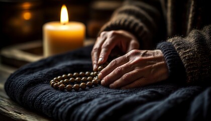 A pair of hands, one with a ring, rests on a dark cloth. A lit candle glows softly in the background. Prayer beads are placed nearby, symbolizing reflection and spirituality.