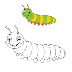 A colorful caterpillar with a smiling face vector coloring page, featuring cute segmented body and playful design, perfect for kids’ fun and creative coloring activity.
