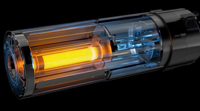 A cutaway animation of a sleek cylindrical Small Modular Reactor (SMR), showing internal components such as the reactor core, control rods, coolant flow, and containment layers, designed with a clean 