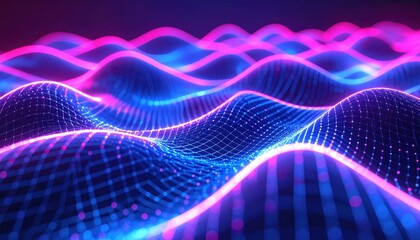 A colorful abstract wave pattern of neon pink and blue lights representing digital data and futuristic technology