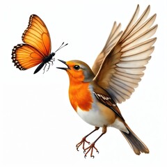 Fototapeta premium Watercolor painting of European robin bird in flight, interacting with orange butterfly. Delicate details in feathers, wings, isolated on white background. Artwork represents spring summer wildlife