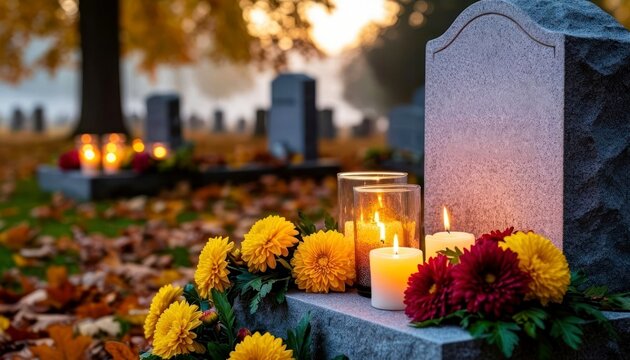 A serene cemetery scene during All Saints' Day. A gravestone adorned with yellow and red flowers, surrounded by lit candles. Autumn leaves cover the ground.