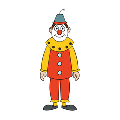 A man disguised in clown clothes, wearing bright colors, oversized shoes, and a painted face, hides his true identity with a playful yet mysterious appearance.
