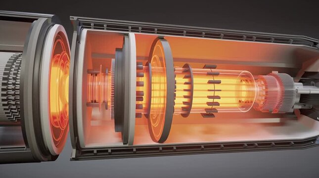 A cutaway animation of a sleek cylindrical Small Modular Reactor (SMR), showing internal components such as the reactor core, control rods, coolant flow, and containment layers, designed with a clean 
