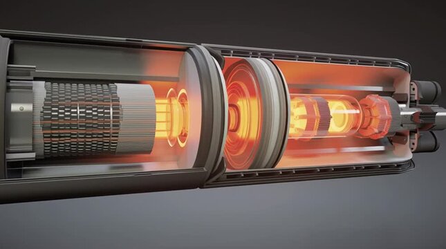 A cutaway animation of a sleek cylindrical Small Modular Reactor (SMR), showing internal components such as the reactor core, control rods, coolant flow, and containment layers, designed with a clean 
