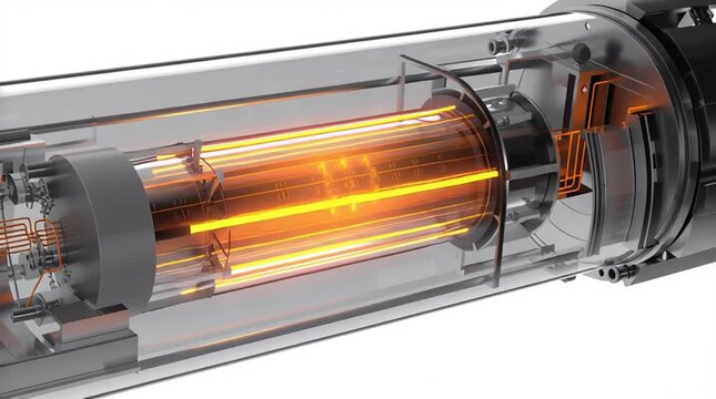 A cutaway animation of a sleek cylindrical Small Modular Reactor (SMR), showing internal components such as the reactor core, control rods, coolant flow, and containment layers, designed with a clean 