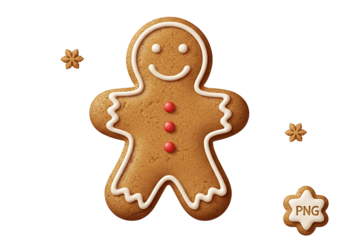 A festive gingerbread man cookie, decorated with white icing and red sprinkles, stands out against a black backdrop.