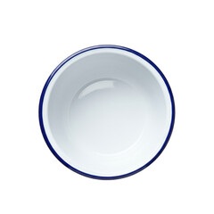 Perfectly clean, empty, round white enamelware bowl with distinct dark blue rim on pristine transparent background, soft shadow-minimal illumination. Concept of freshness, potential, and simplicity