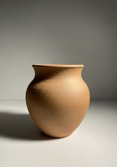 Earthenware vessel in focused spotlight showcasing a rudimentary crafted design and form minimalist backdrop enhances