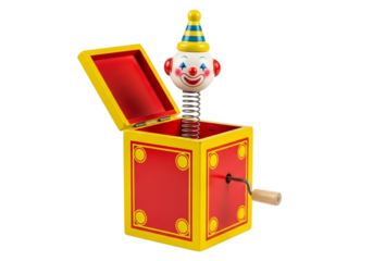 Classic jack in the box toy surprising childhood fun with clown popping out of colorful container transparent background
