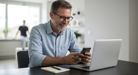 Successful businessman working from home using laptop and smartphone happy smiling man modern home office technology communication