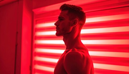 Moody red lighting creates a futuristic atmosphere in this stylized male profile portrait evoking themes of cyberpunk identity