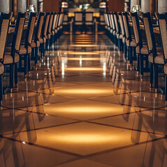 The restaurant interior is elegantly symmetrical, with a golden glow on polished marble.