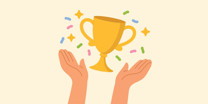  Golden trophy held by raised hands with confetti and sparkles—symbol of victory, achievement, celebration, success, and recognition