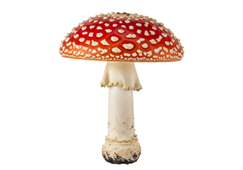 A vibrant, red spotted mushroom stands out against a pure black background, showcasing intricate details of its cap and stem.