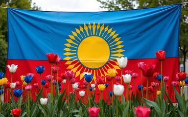 Celebration of kazakhstan's independence day with the silk flag display. High quality