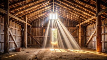 Fototapeta premium Rustic wooden barn interior bathed in sunbeams streaming through a high window, illuminating dust motes and a simple woven basket