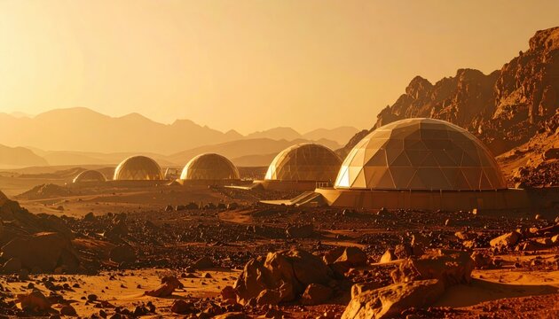 Geodesic domes on a red rocky planet suggest a futuristic Martian colony, symbolizing space exploration, science fiction and off-world habitation