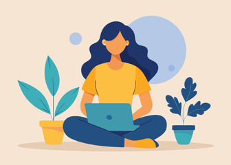 Woman working on laptop in a cozy home office setting illustration