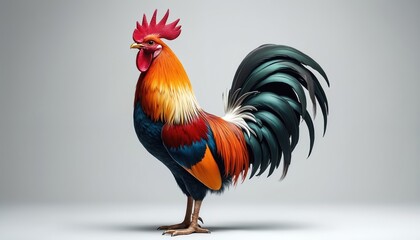 Majestic rooster displays vibrant tricolore feathers in proud, elegant stance. Domestic fowl, symbol of farm life, agriculture, poses regally against clean white studio background, ornate plumage,